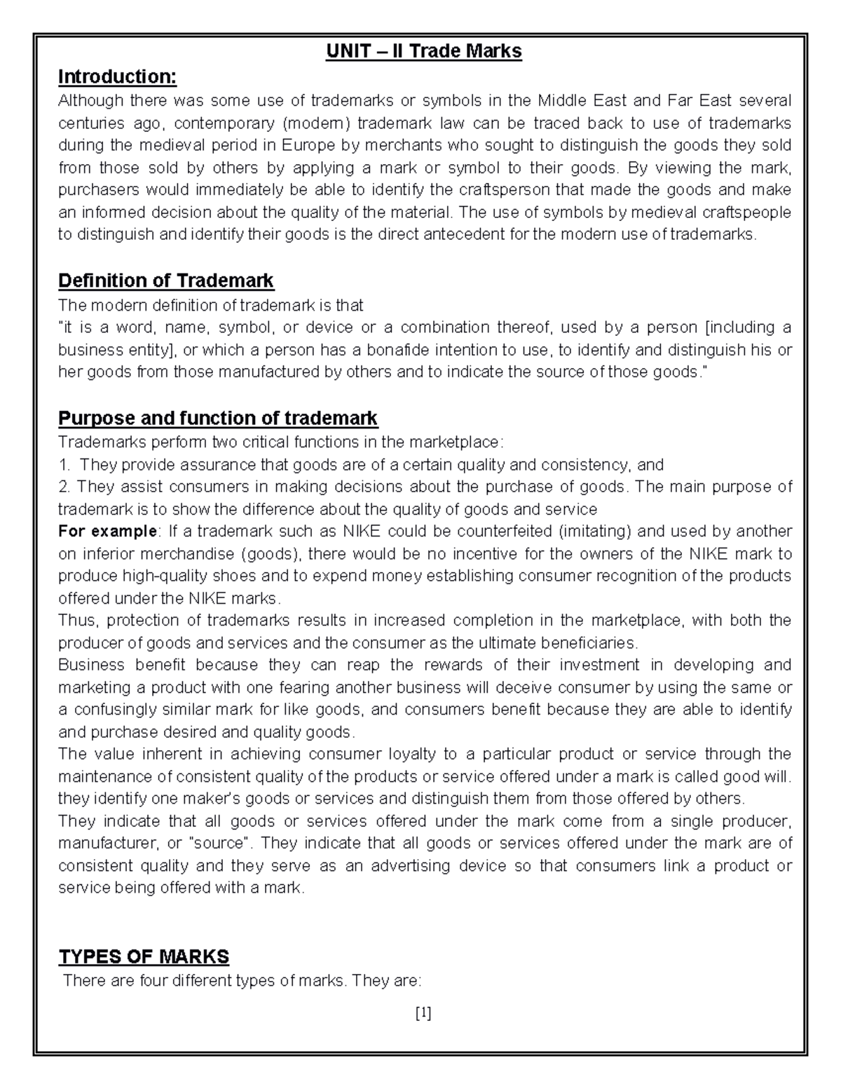 Unit 2 Trade marks - UNIT – II Trade Marks Introduction: Although there ...
