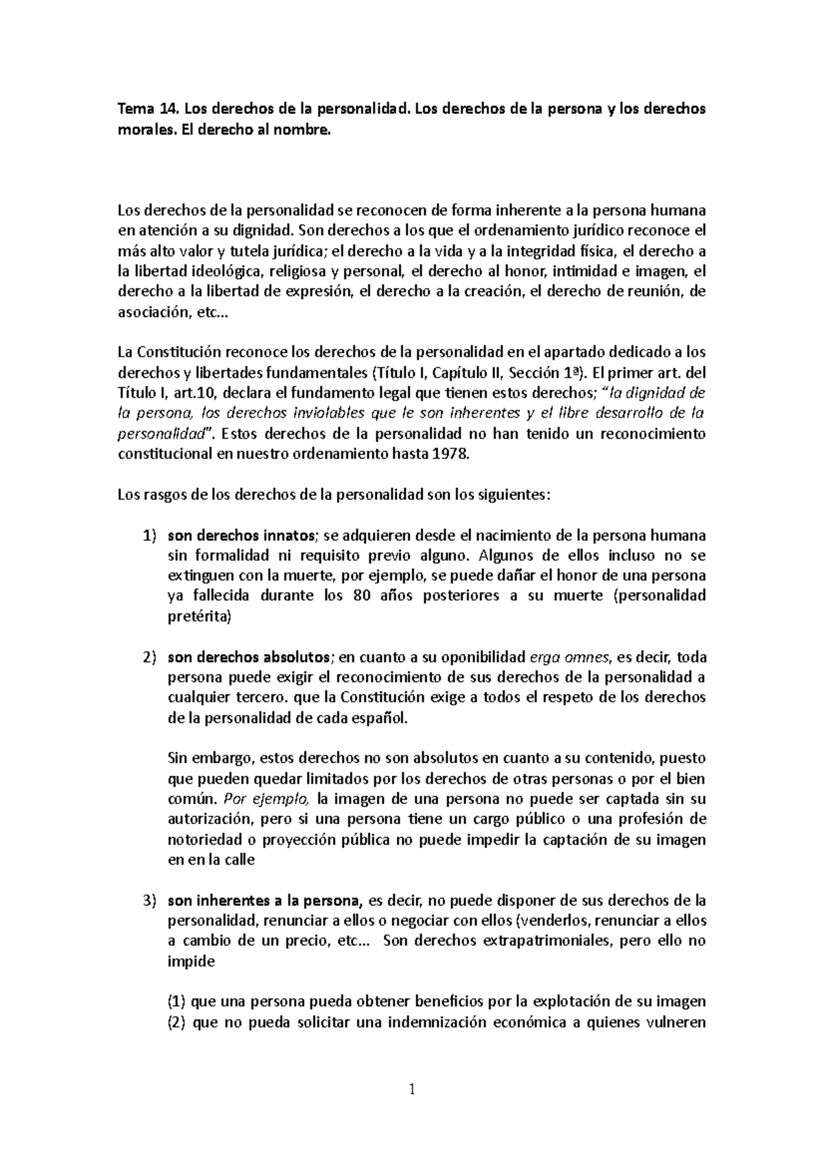 Tema 14. Derechos De La Personalidad - Tema 14. Los Derechos De La ...