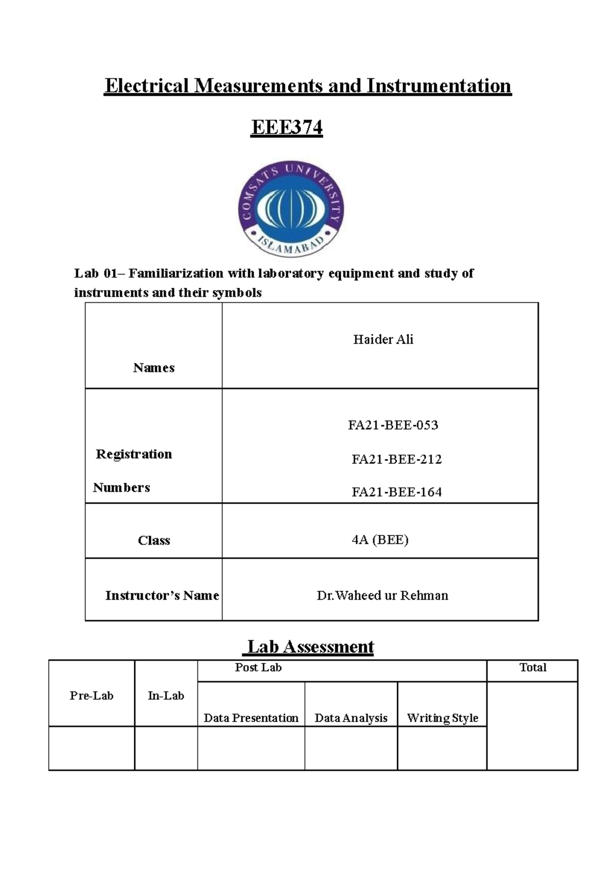 EMI LAB 01 - ... - Electrical Measurements and Instrumentation EEE Lab ...