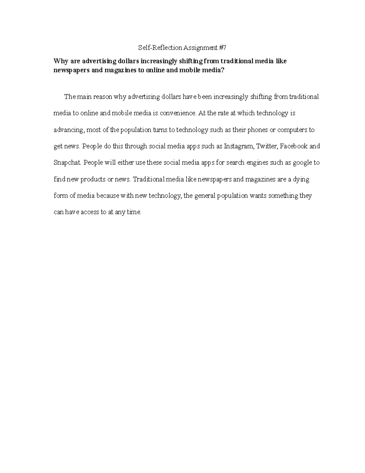 Self Reflection Assignment #7 - Self-Reflection Assignment # Why are ...
