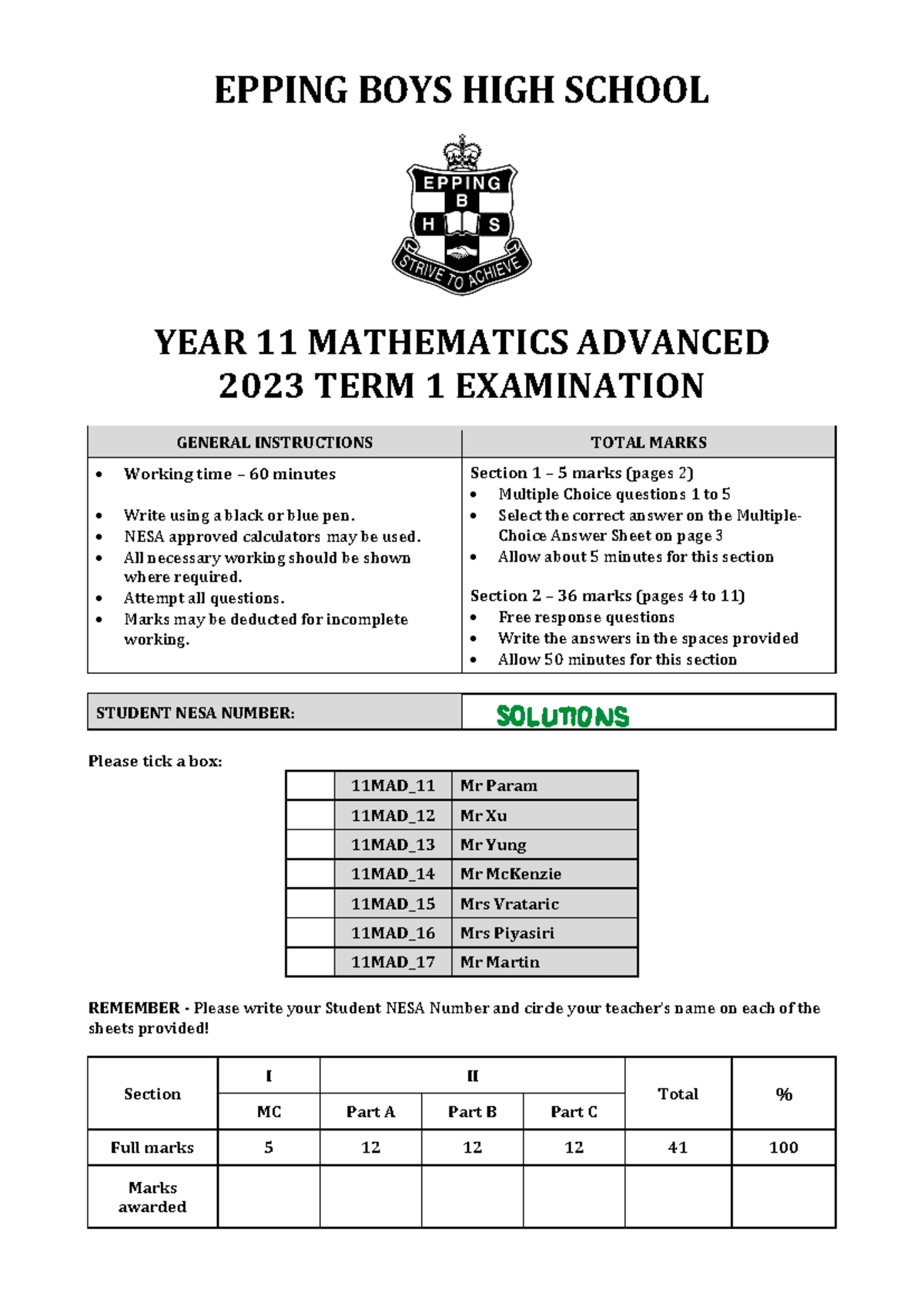 2023 Yr11 Adv T1 Exam Solns - EPPING BOYS HIGH SCHOOL YEAR 1 1 ...