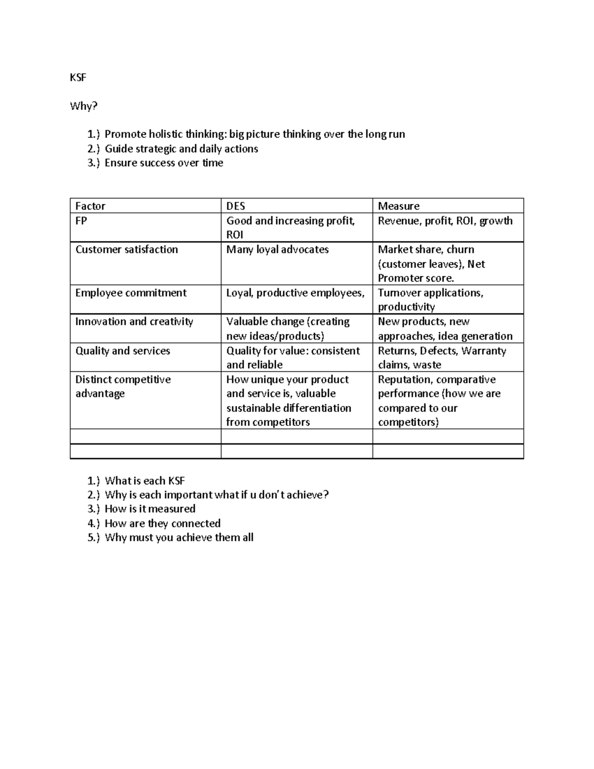 Key sucess factors - KSF Why? 1.) Promote holistic thinking: big ...