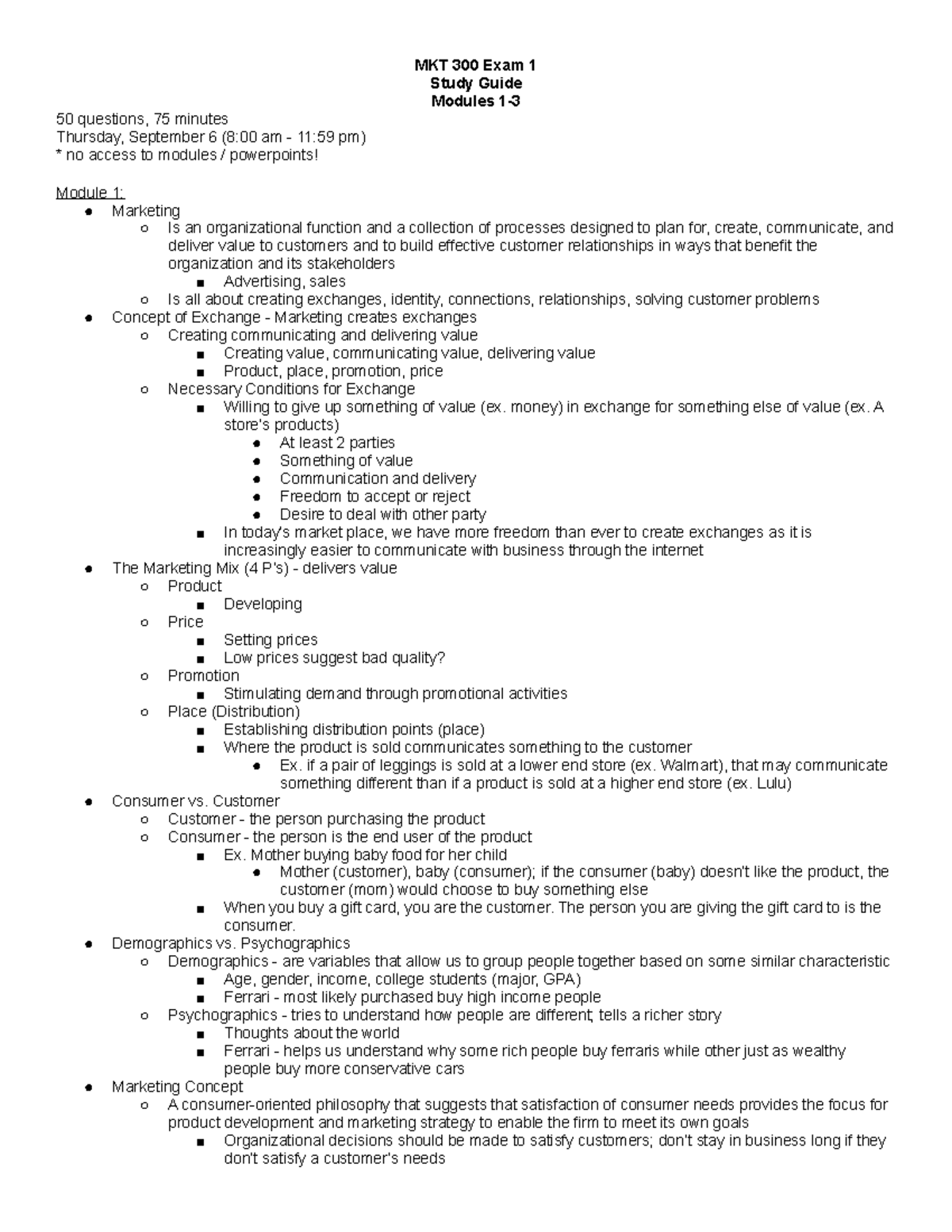 Exam 1 Module 1-2 MKT300 - MKT 300 Exam 1 Study Guide Modules 1- 50 ...