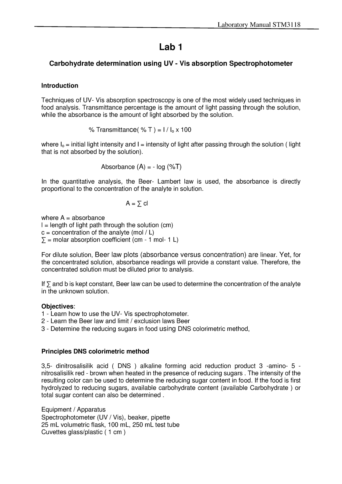 Lab 1 Carbohydrate Determination Using UV Vis Spectroscopy - Lab 1 ...