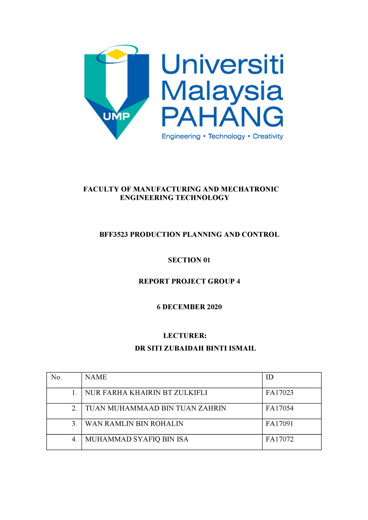 Group Project Report - FACUL TY OF MANUFACTURING AND MECHATRONIC ...