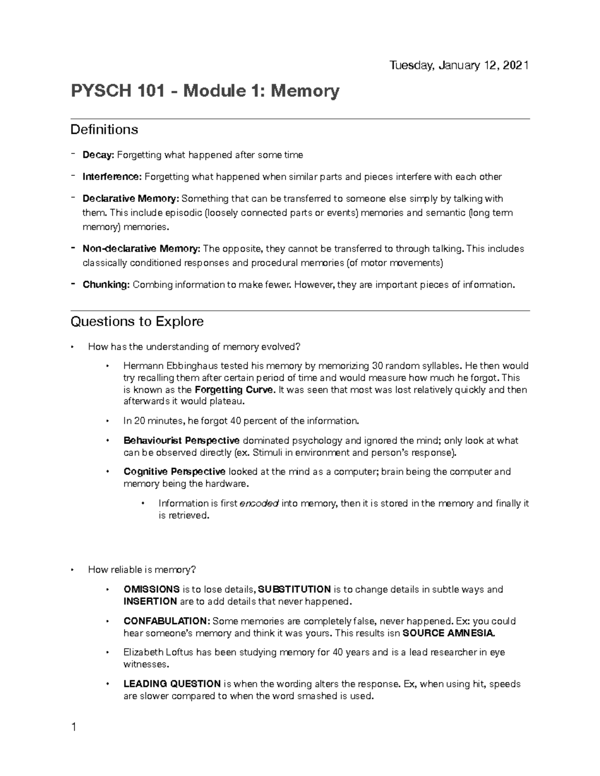 Module 1 - Memory Notes PDF - PYSCH 101 - Module 1: Memory Definitions ...