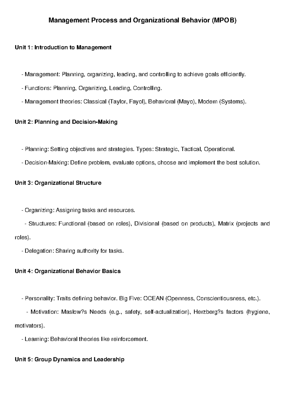 MPOB Notes BBA IPU 2024 - Chat GPT created it - Management Process and ...