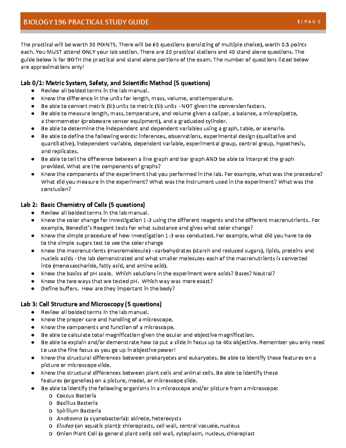 Biology 196 Practical Study Guide - Studocu