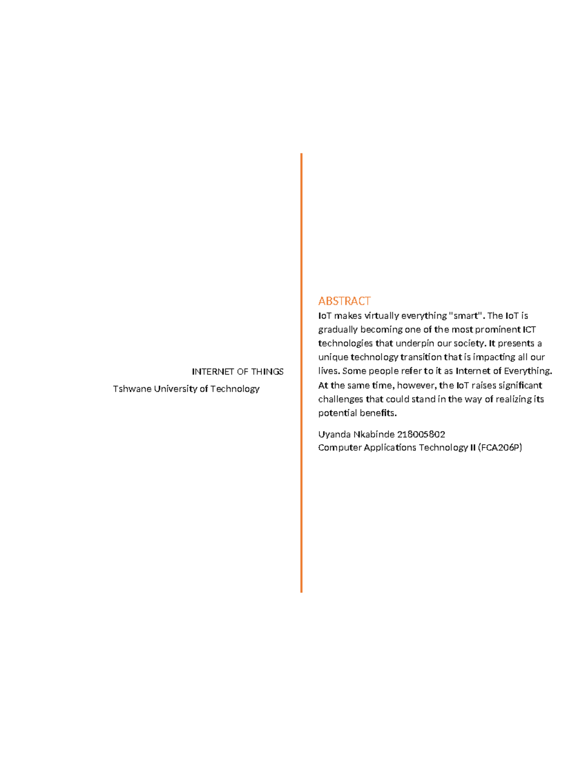 Report on Io T - NONE - INTERNET OF THINGS Tshwane University of ...