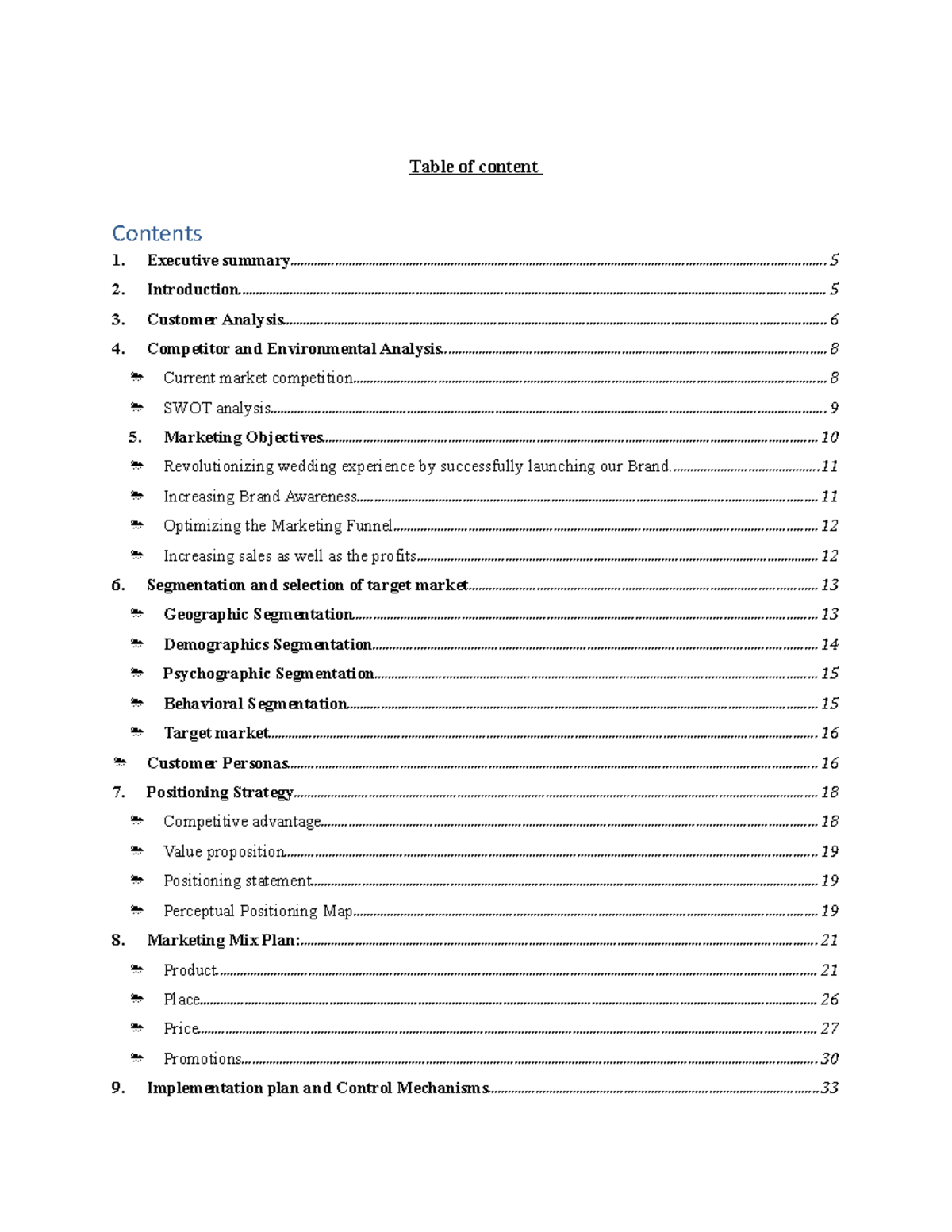 Marketing plan for a startup - Table of content Executive - Studocu