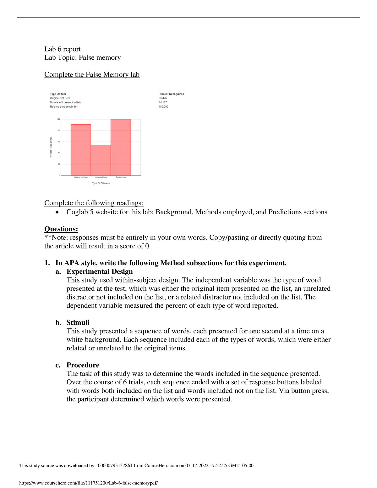 Psych 3340 Lab 6 False Memory Lab 6 Report Lab Topic False Memory