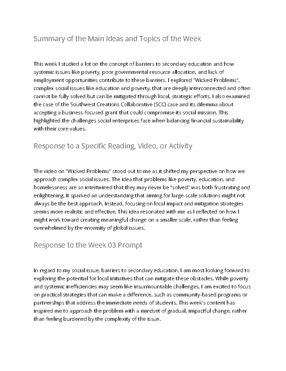 W03 reflection - n/a - Summary of the Main Ideas and Topics of the Week ...