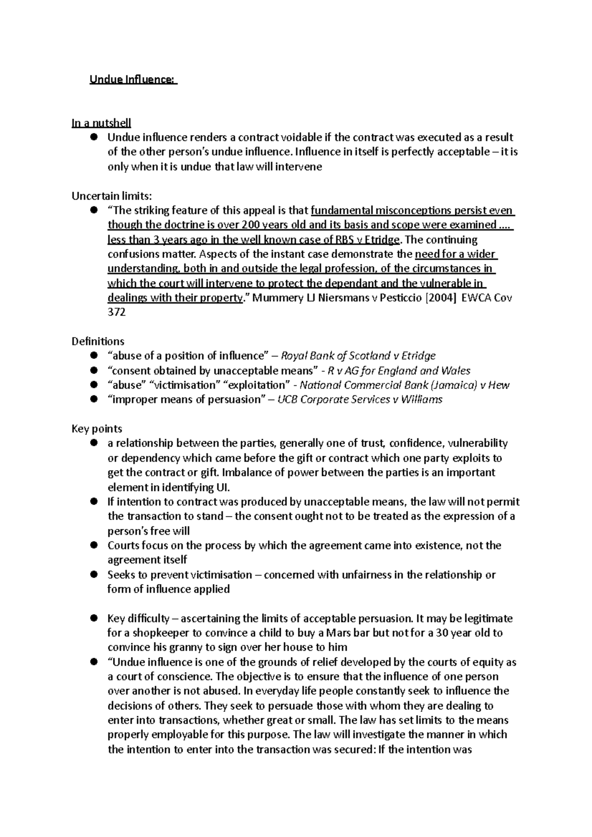 Law of Contract - undue influence, suspiscious transation, rebutting ...