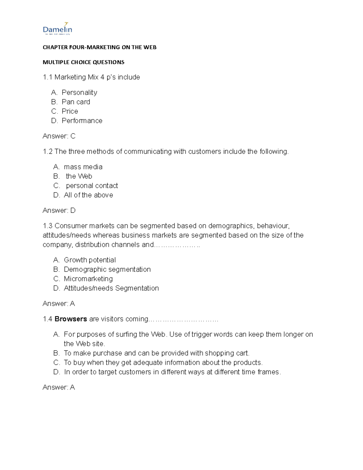 Chapter FOUR PART B MCQs - CHAPTER FOUR-MARKETING ON THE WEB MULTIPLE ...