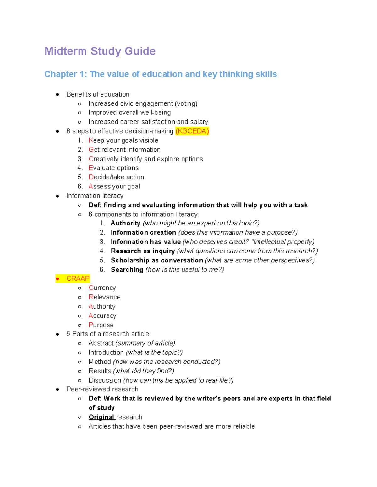 Midterm Study Guide - Midterm Study Guide Chapter 1: The Value Of ...