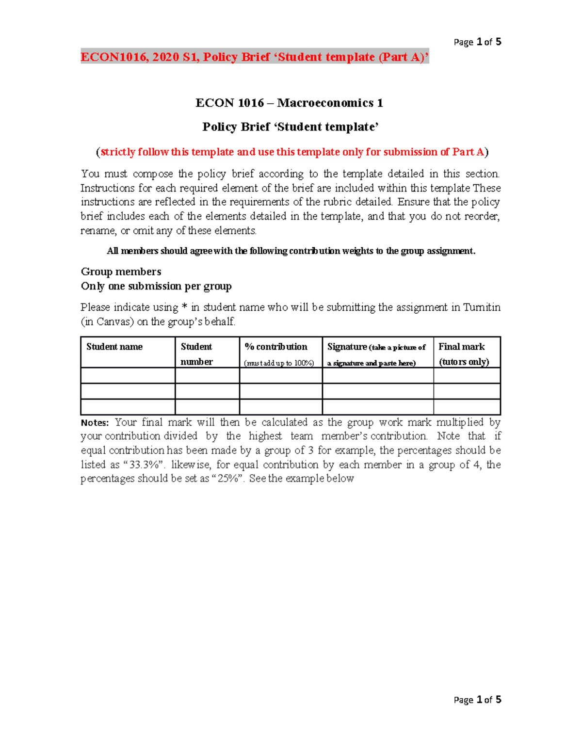Student template Part A-1 - ECON1016, 2020 S1, Policy Brief ‘Student ...