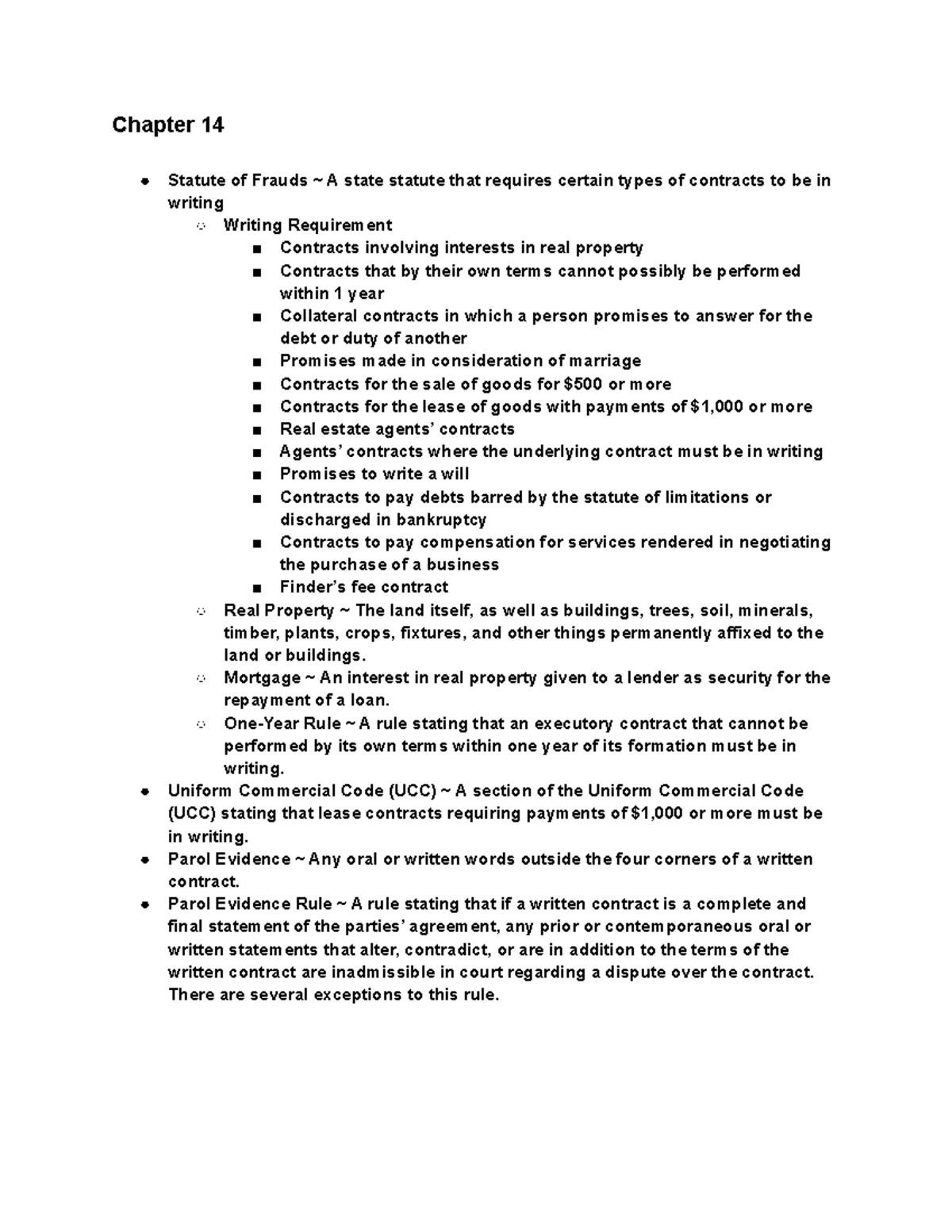 Business Law Chapter 14 Chapter 14 Statute of Frauds A state