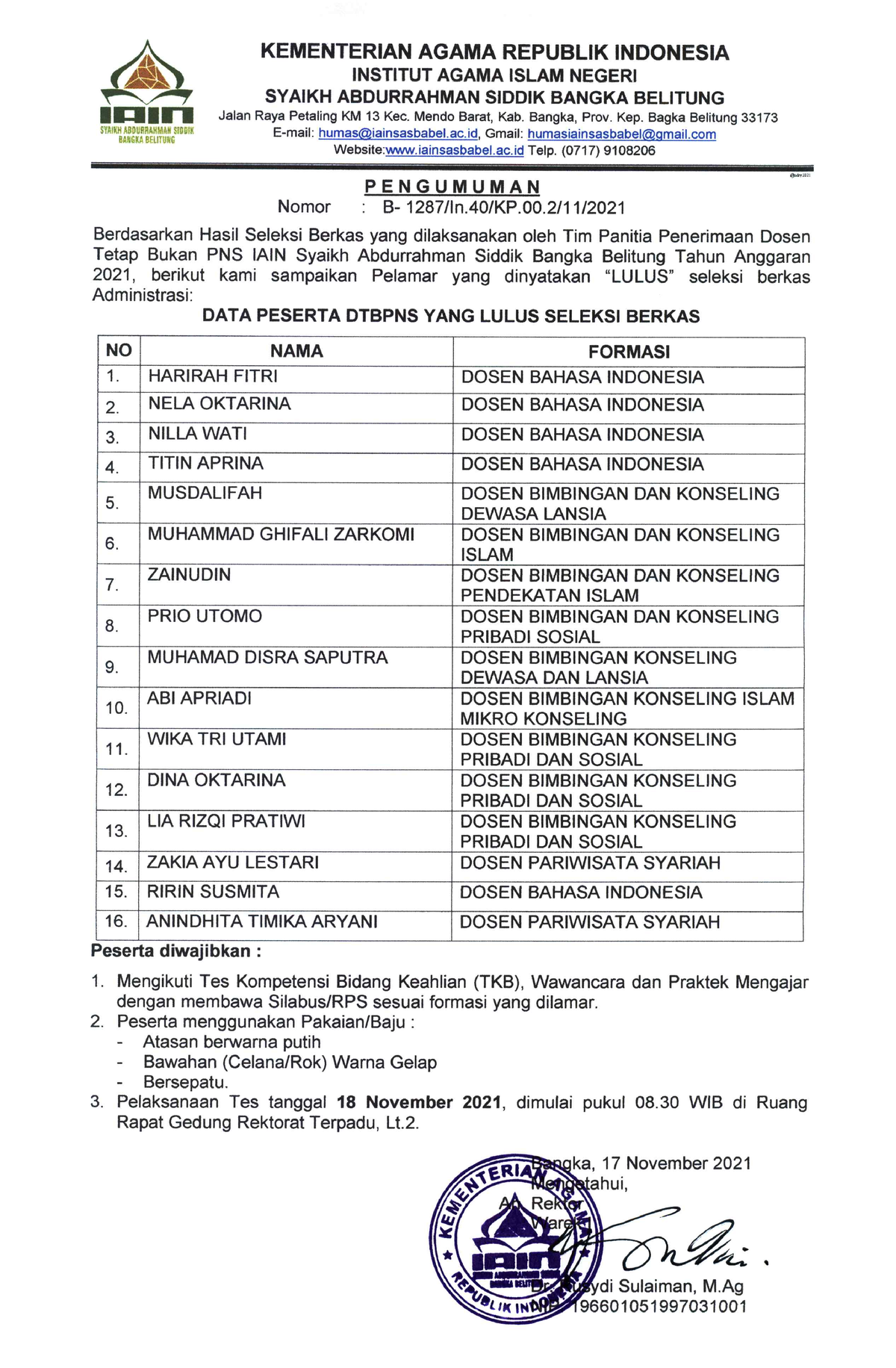 Pengumuman Hasil Seleksi Lulus Administrasi Dosen Tetap Non Pns Iain ...