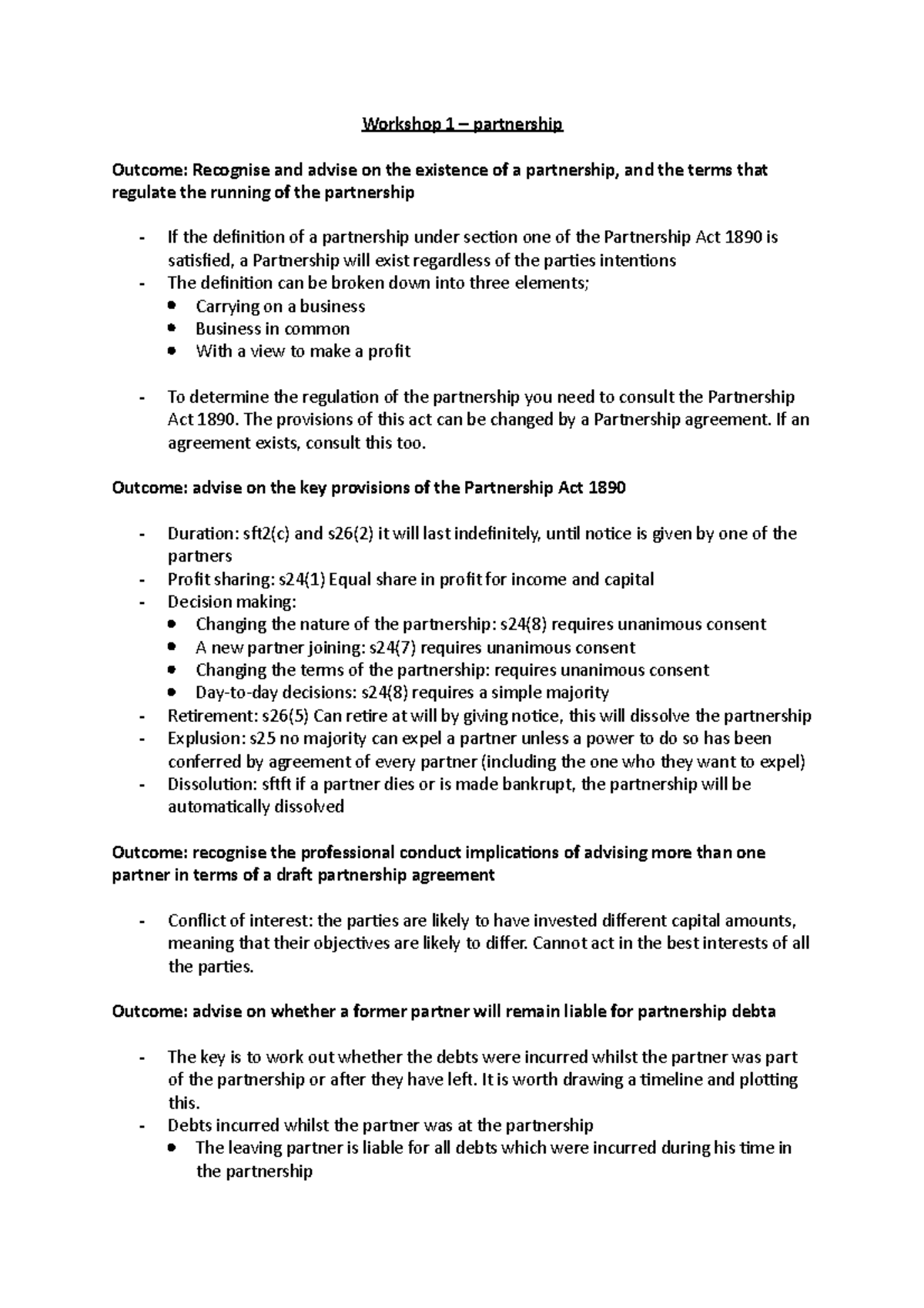 Workshop revision notes - Workshop 1 – partnership Outcome: Recognise ...
