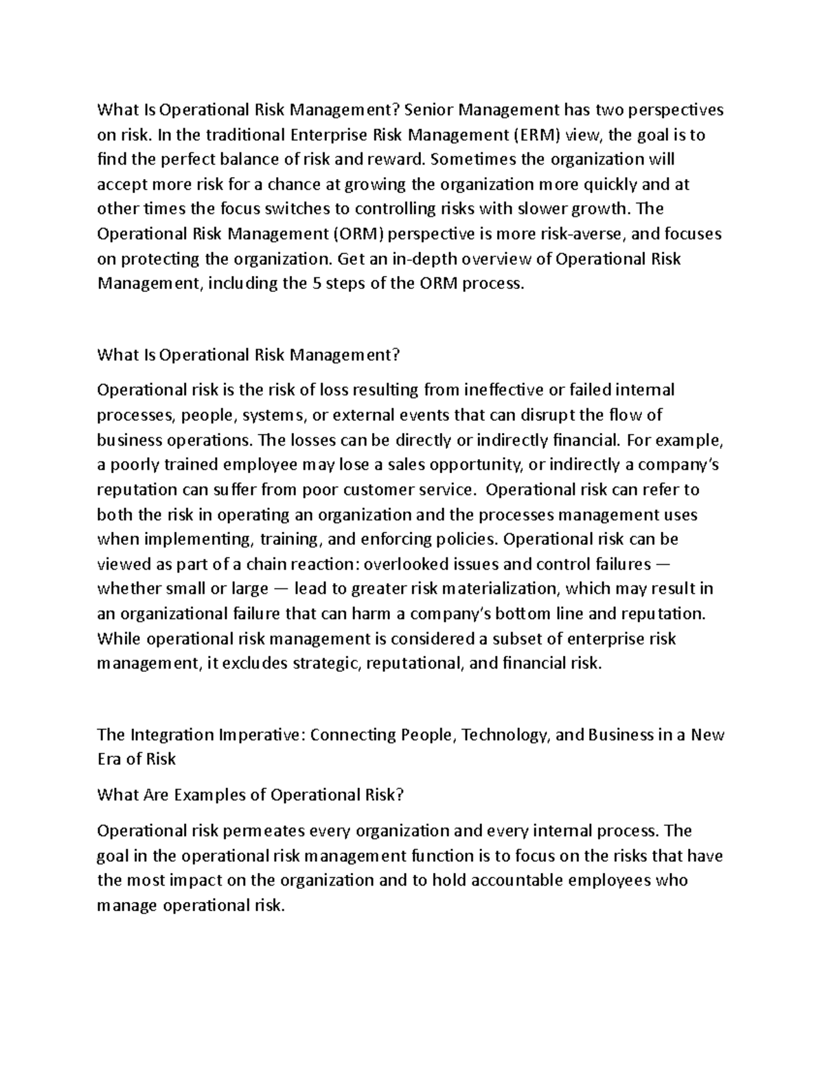 Operational risk management - In the traditional Enterprise Risk ...