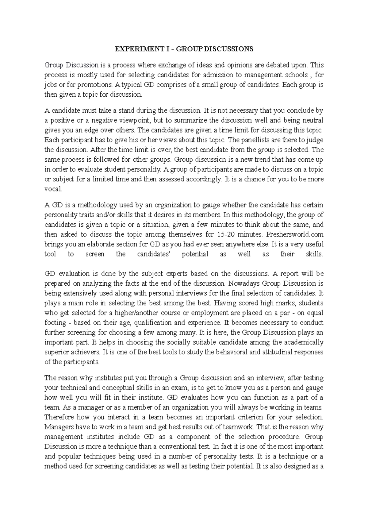 Experiment I - Group Discussions - EXPERIMENT I - GROUP DISCUSSIONS ...