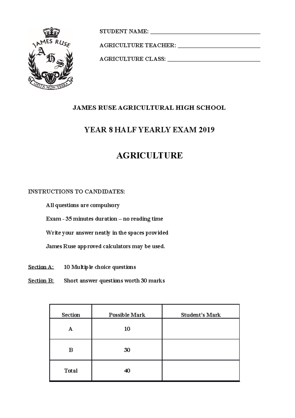 Year 8 Half Yearly 2019 - STUDENT NAME: AGRICULTURE TEACHER ...