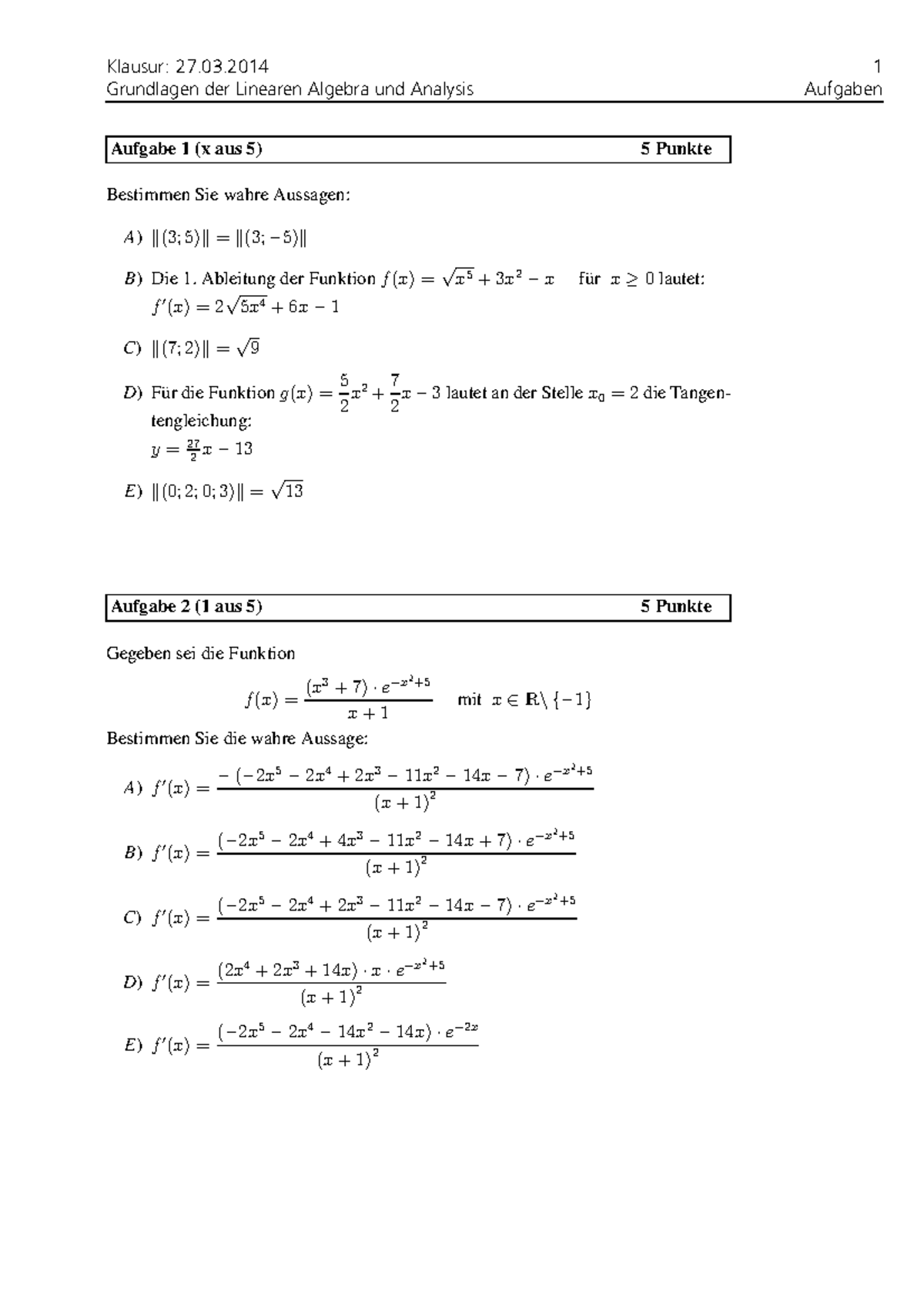 Prüfung 27 März 2014, Fragen Grundlagen Der Analysis Und Linearen ...