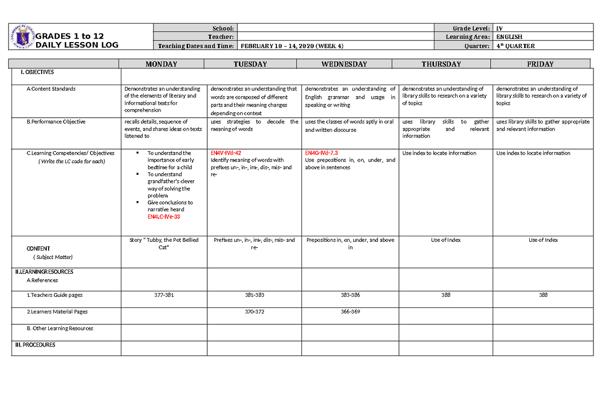 DLL English 4 Q4 W4 - GRADES 1 to 12 DAILY LESSON LOG School: Grade ...