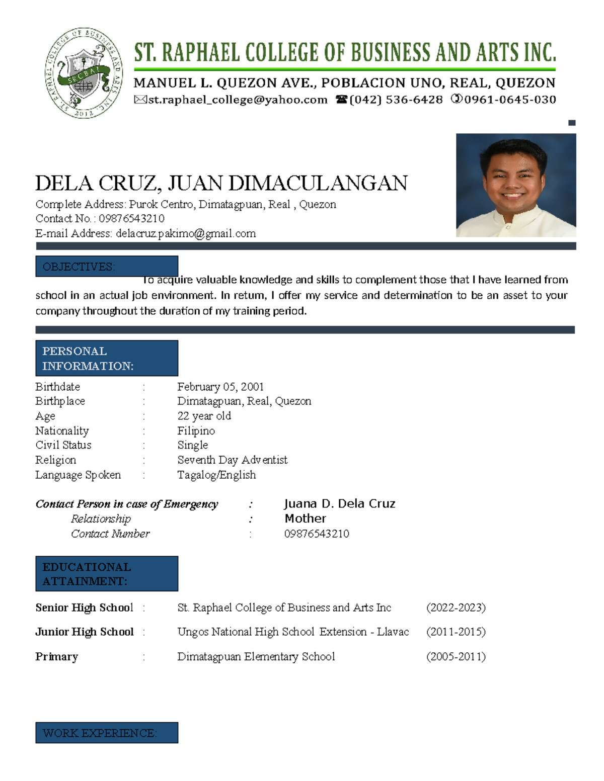 Format-OF- Resume - DELA CRUZ, JUAN DIMACULANGAN Complete Address ...