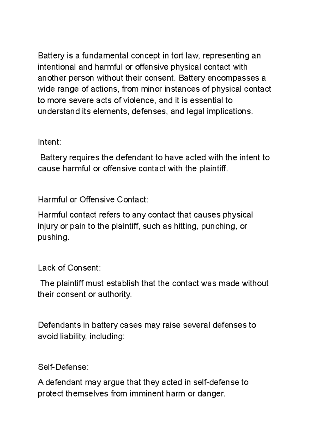 Battery is a fundamental concept in tort law - Battery encompasses a ...