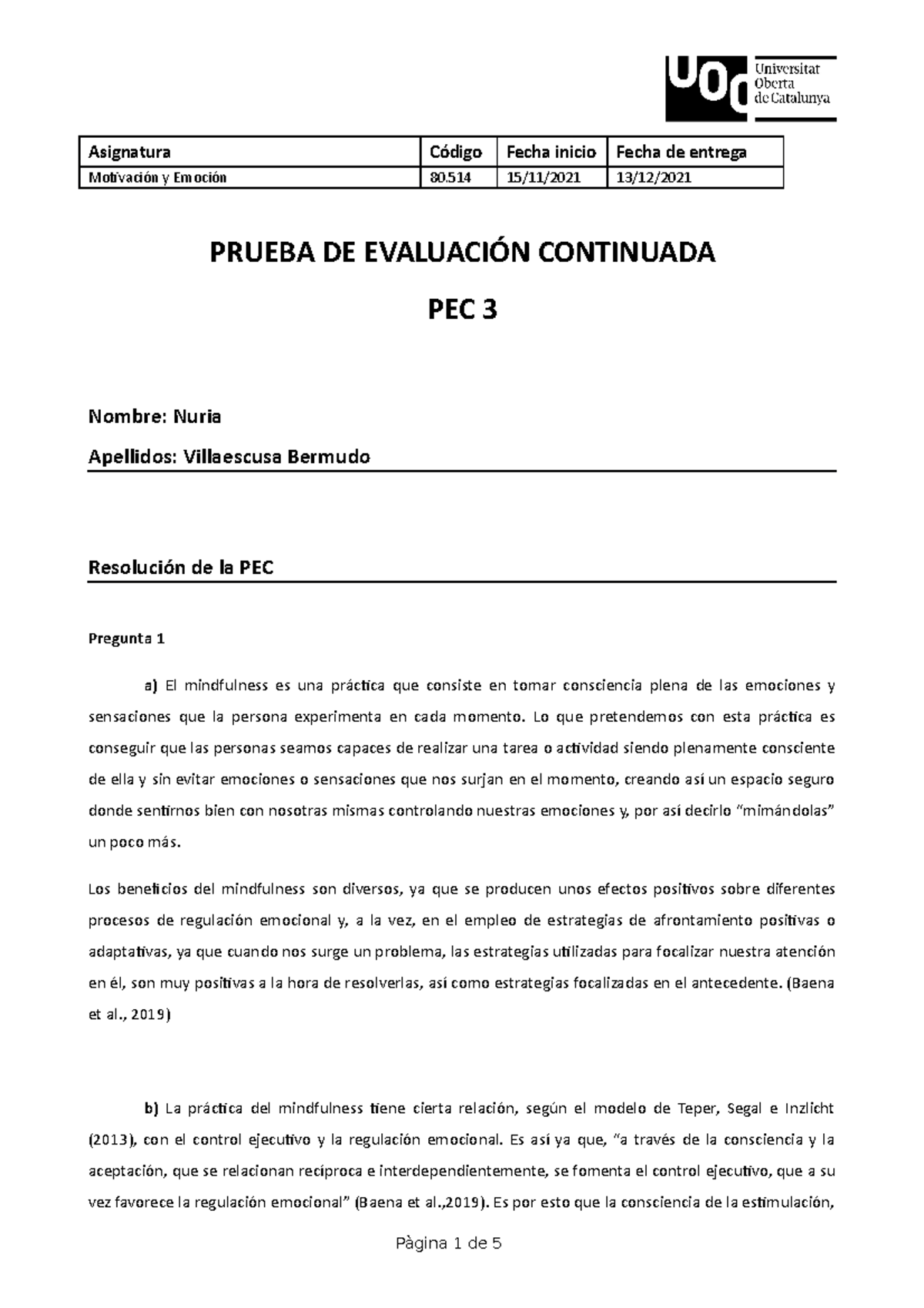 PEC3 - Motivación y emoción UOC nota B - Motivación y Emoción 80 15/11 ...