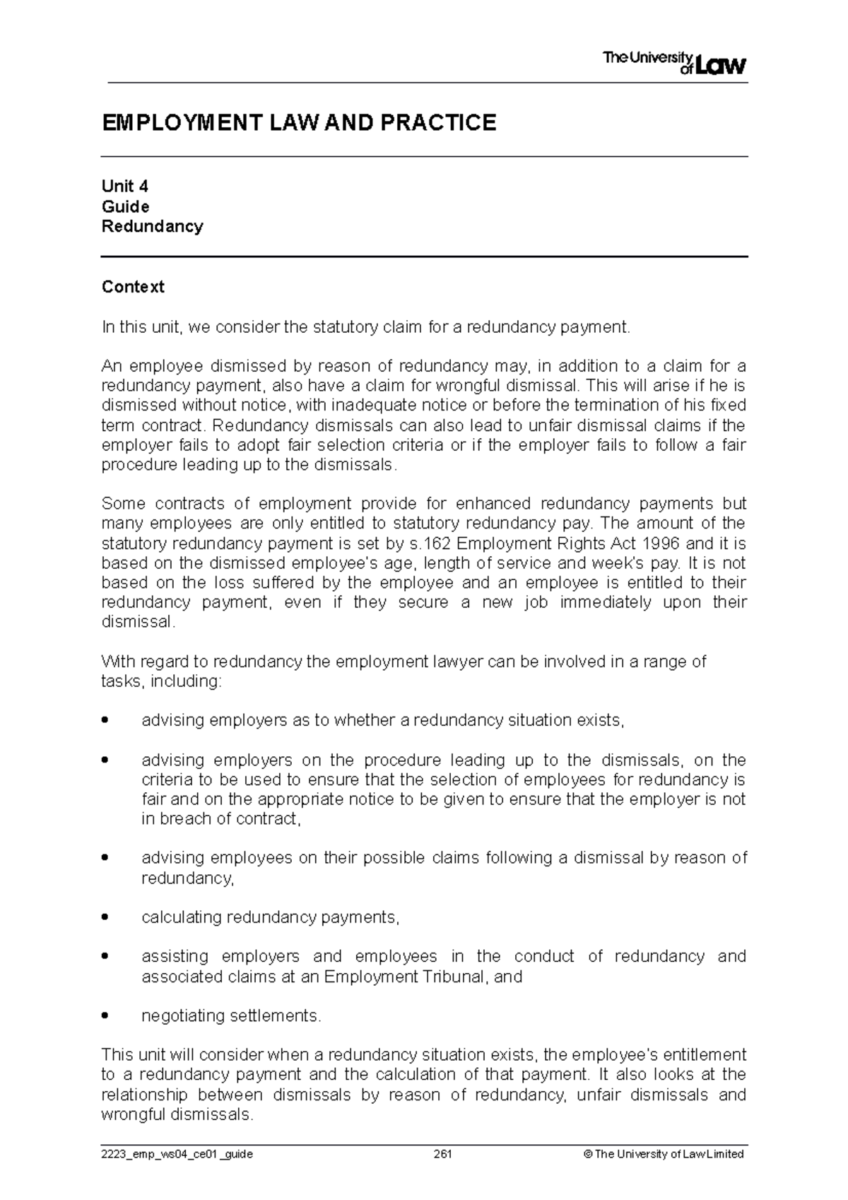 Redundancy week 4 session - EMPLOYMENT LAW AND PRACTICE Unit 4 Guide ...