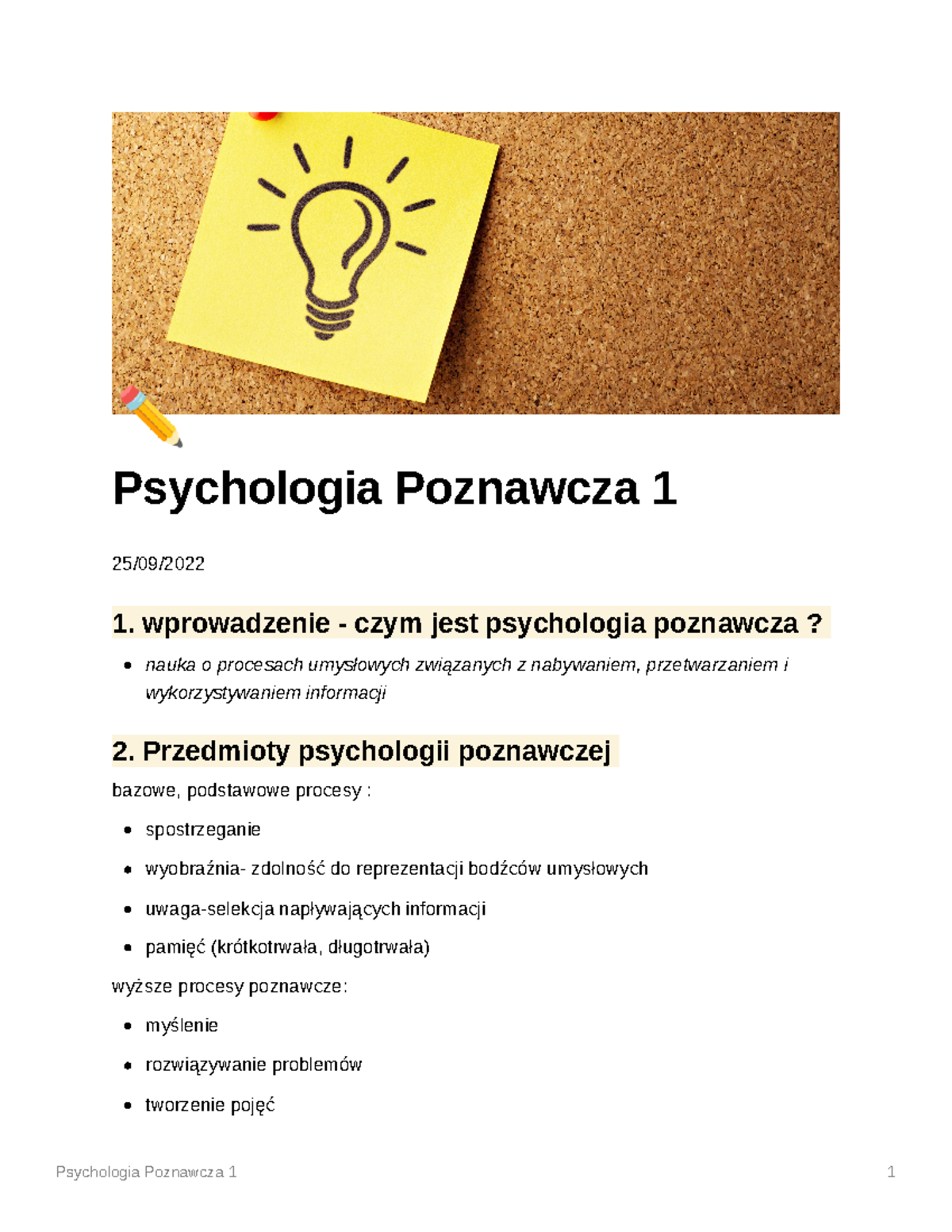 Psychologia Poznawcza 1 - Psychologia Poznawcza 1 25/09/ 1 ...