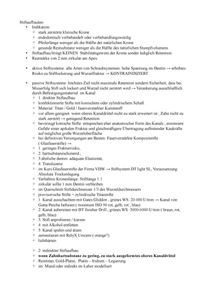 Stiftaufbauten - Zusammenfassung Prothetik II - Stiftaufbauten: -  Indikation: ◦ stark zerstörte - Studocu