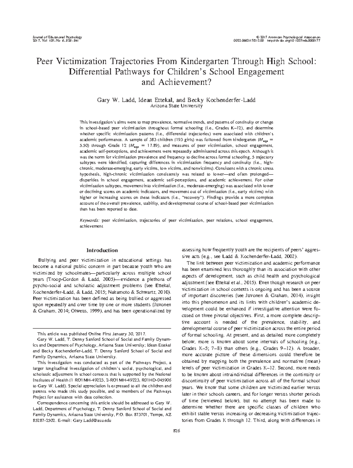 Article 1 Academic Skills B Year 1 - Peer Victimization Trajectories ...