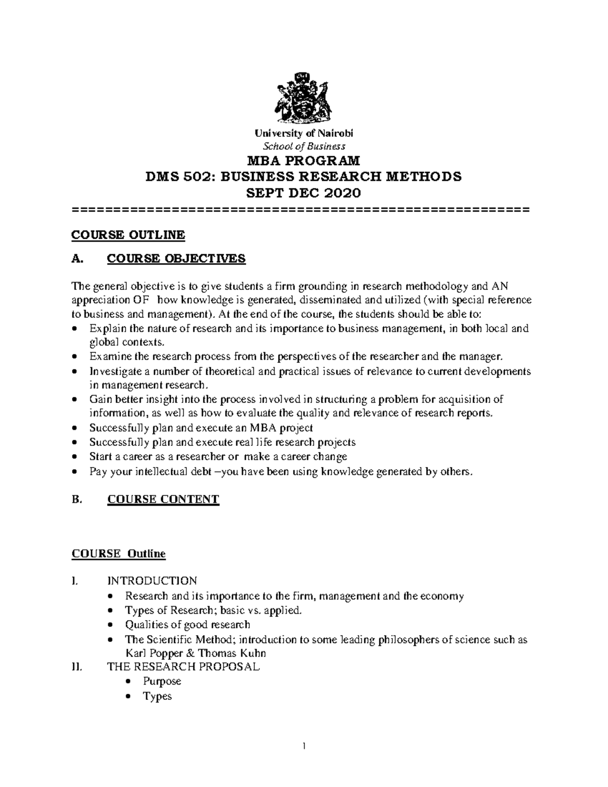 DMS 502 Course Ouline 2020 University of Nairobi School of Business