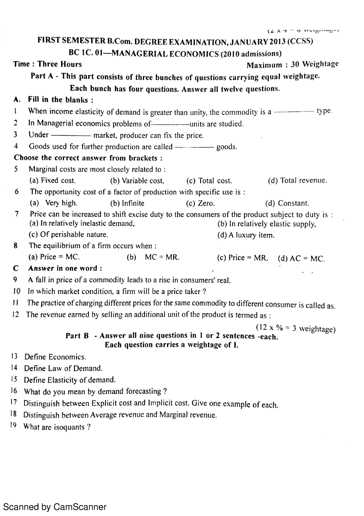 Managerial Economics JAN 2013 - Bachelor Of Commerce (bcom) - Scanned ...