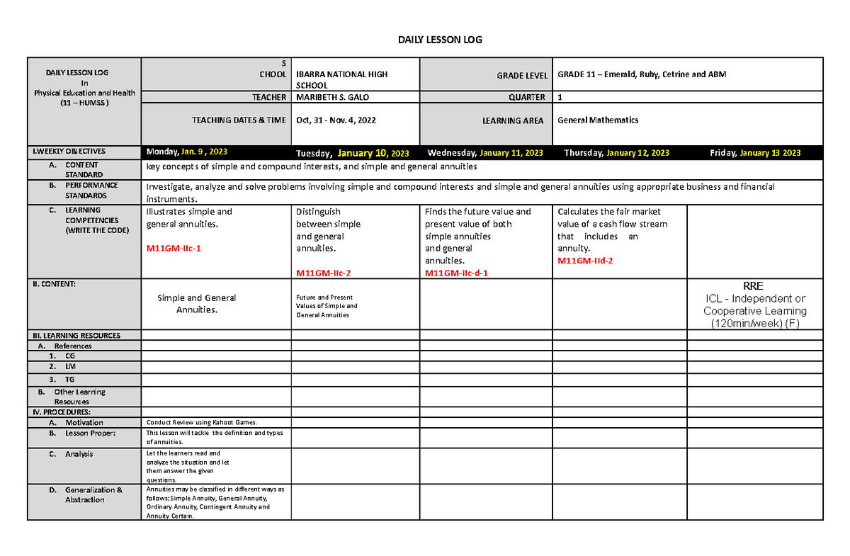 Jan 2022 lesson plan Math 11 - DAILY LESSON LOG DAILY LESSON LOG In ...