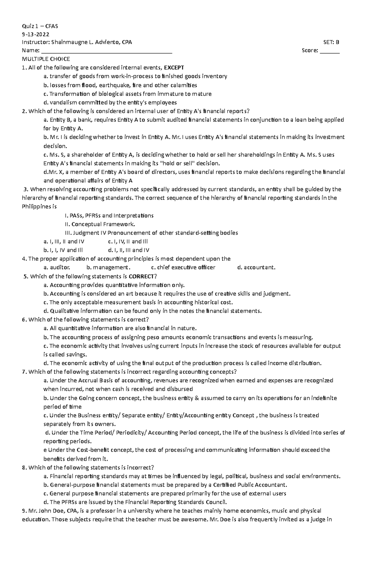 Quiz 1 set B - ASdwd - Quiz 1 – CFAS 9-13- Instructor: Shainmaugne L ...