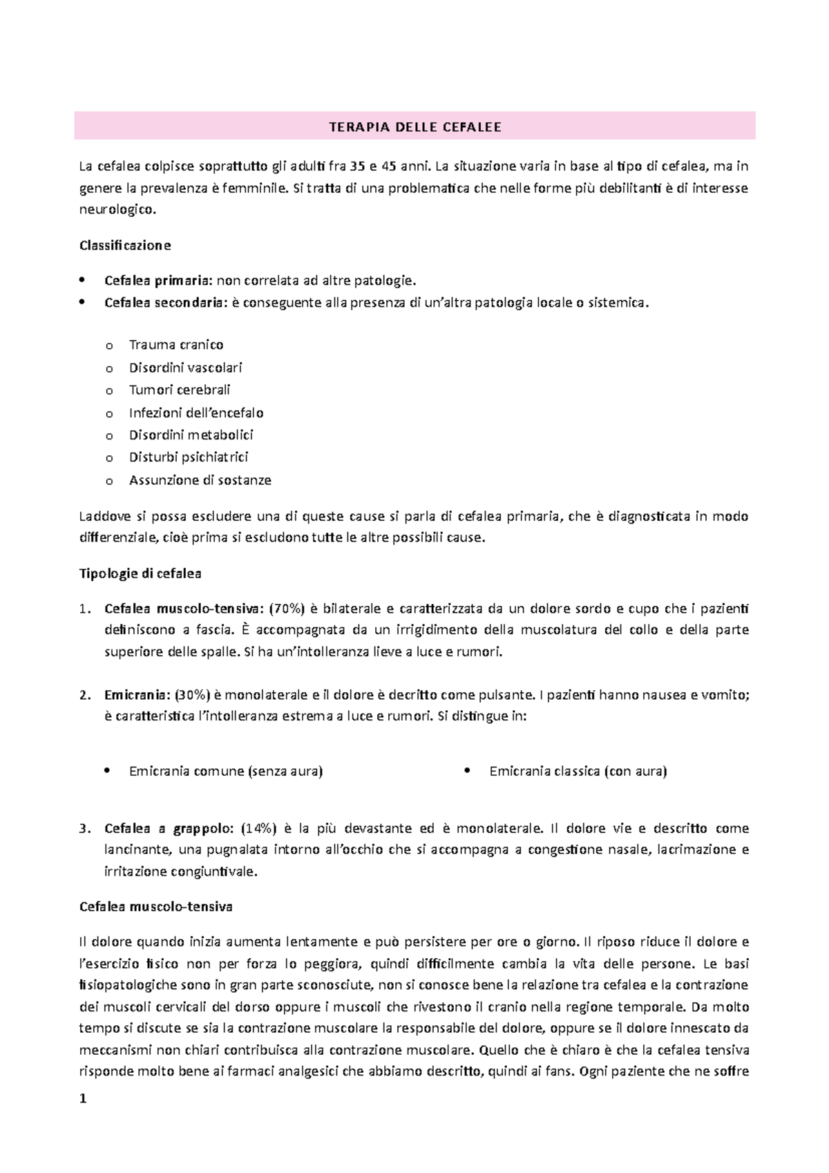 Terapia delle cefalee - TERAPIA DELLE CEFALEE La cefalea colpisce ...