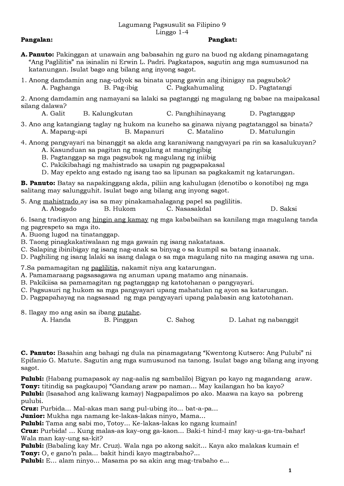 Fil 9-Q1-Lagumang Pagsusulit Blg 1 - Lagumang Pagsusulit Sa Filipino 9 ...