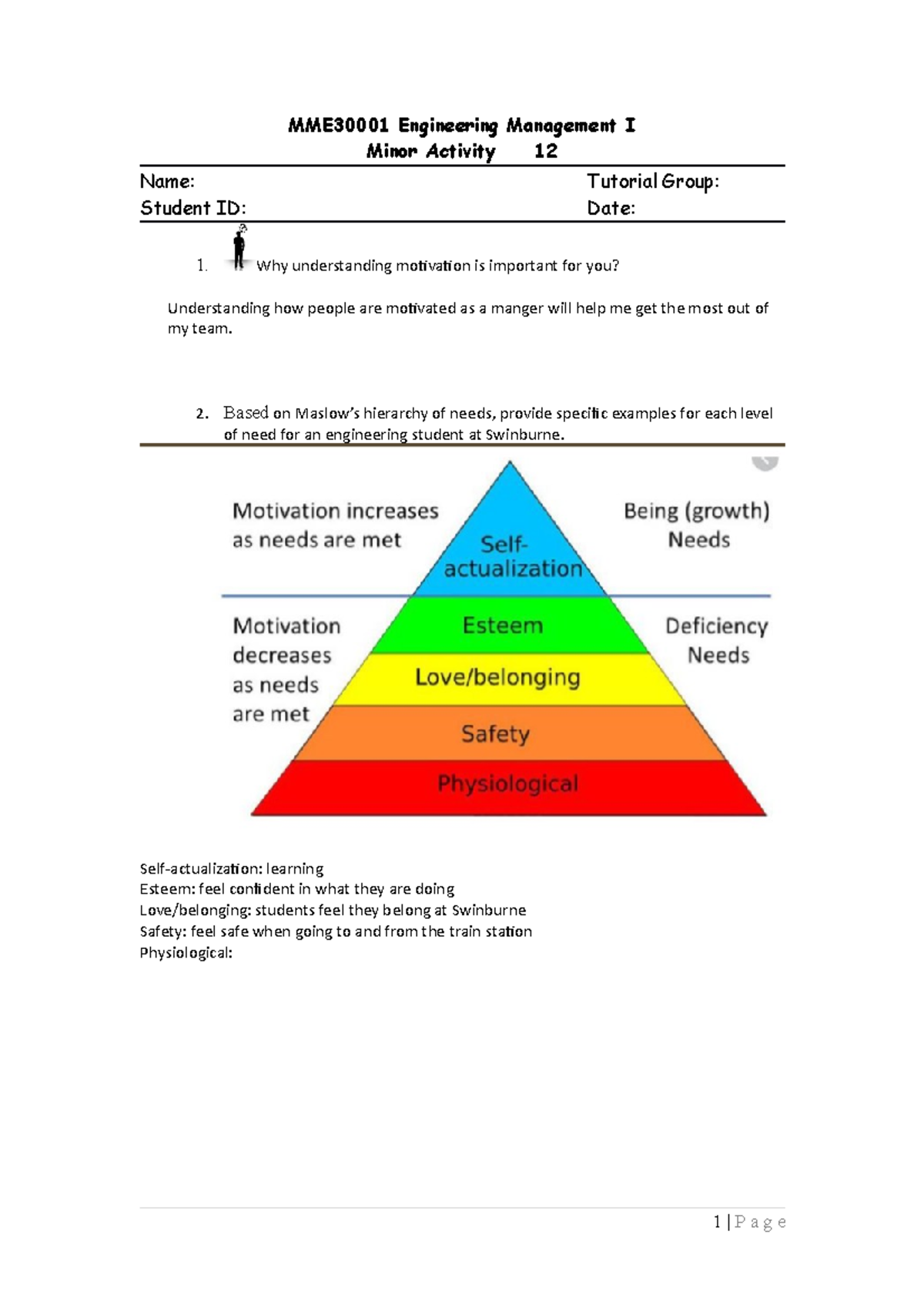 M11 Motivation - MME30001 Engineering Management I Minor Activity 12 ...