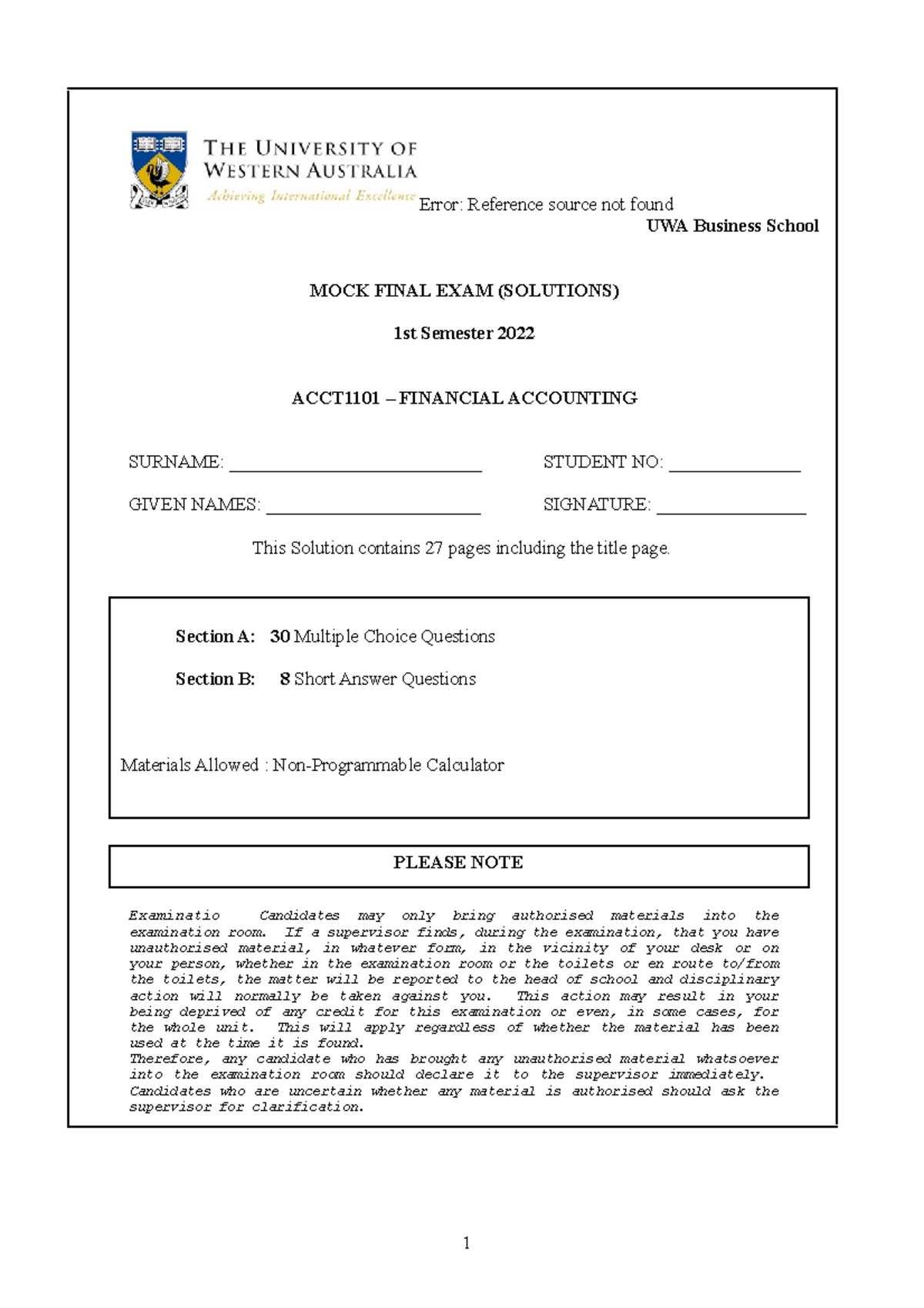 (2022) ACCT1101 Mock Final Exam Semester 1 - Solutions (Revision ...