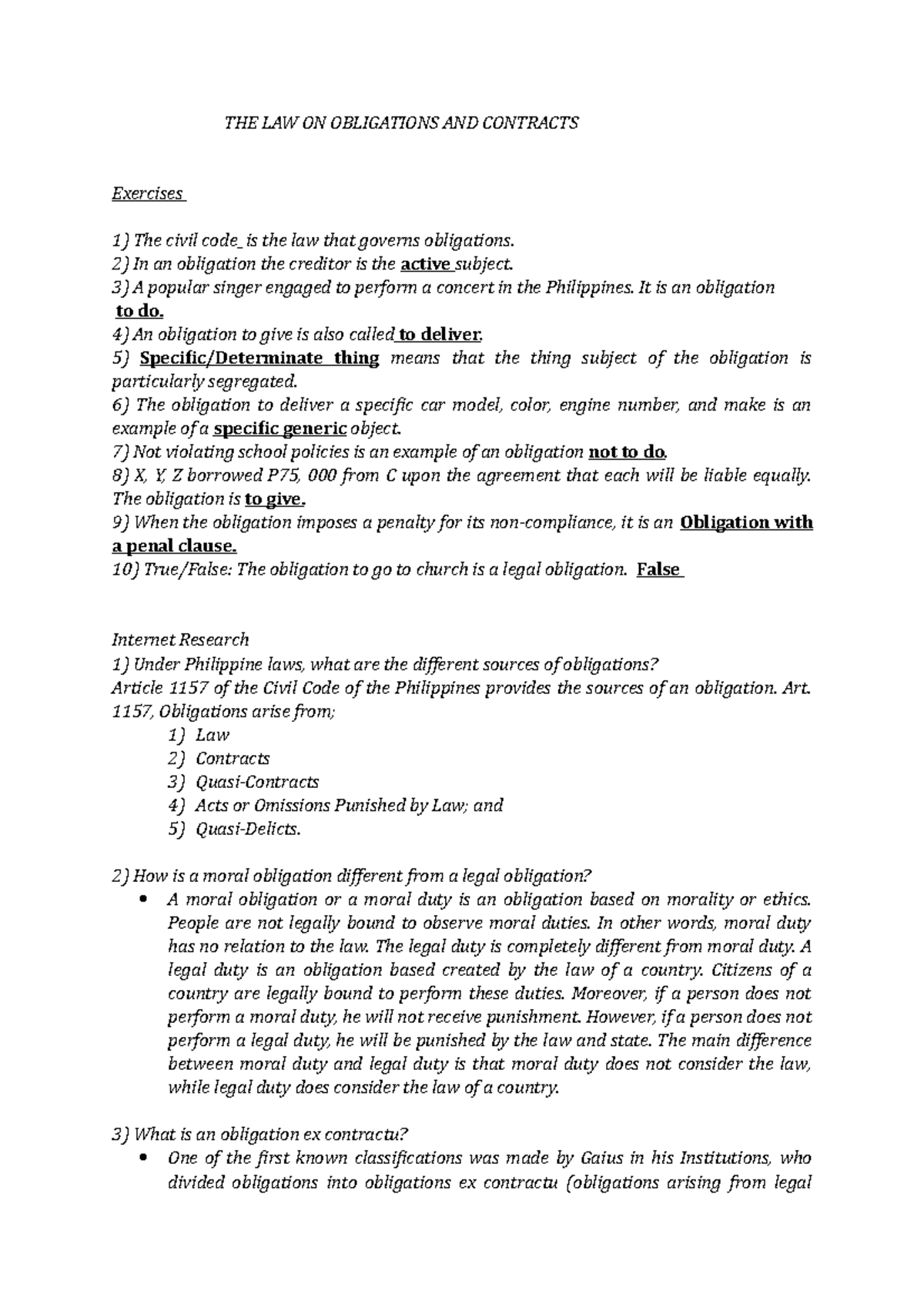 Oblicon ( Module 1) - THE LAW ON OBLIGATIONS AND CONTRACTS Exercises ...