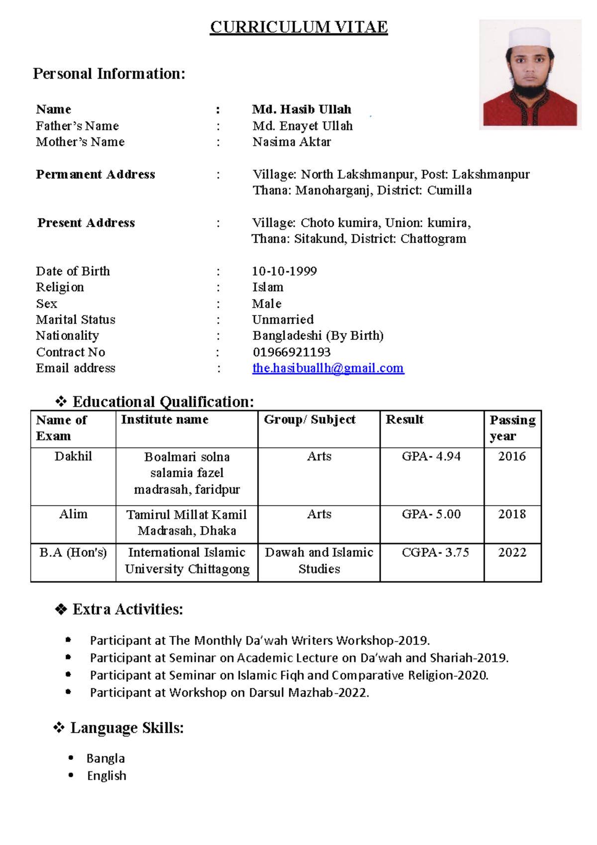 Cv.hasib - Curriculum Vitae Personal Information: Name : Md. Hasib 