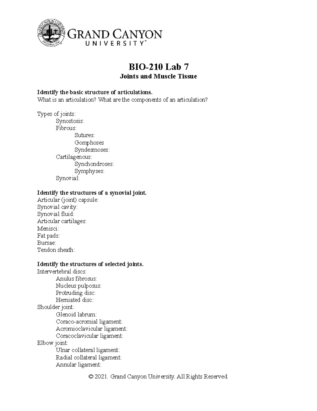 BIO 210L RS Lab7 - Lecture notes 7 - BIO-210 Lab 7 Joints and Muscle ...