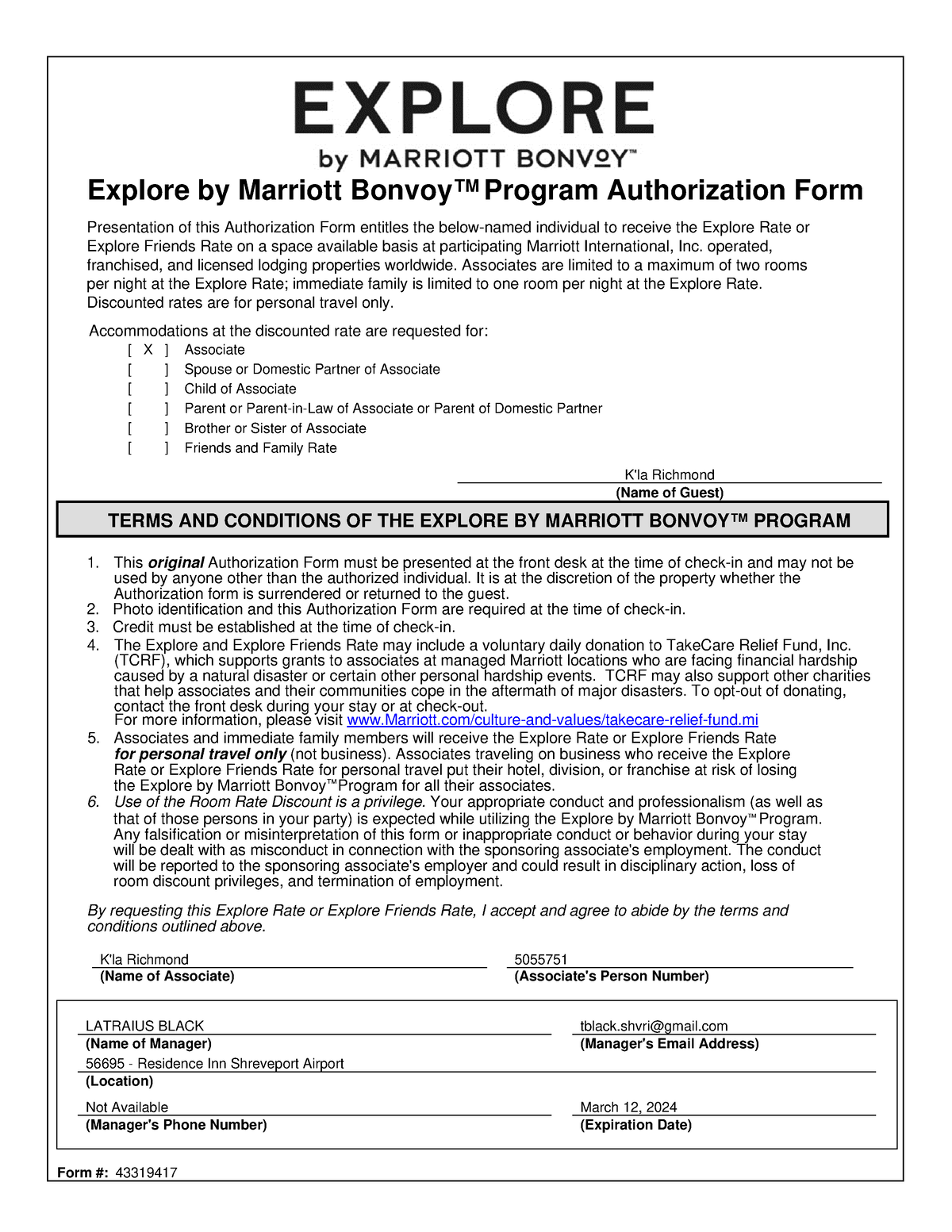 Room Discount Form Na Explore By Marriott Bonvoy™ Program Authorization Form Presentation 6257