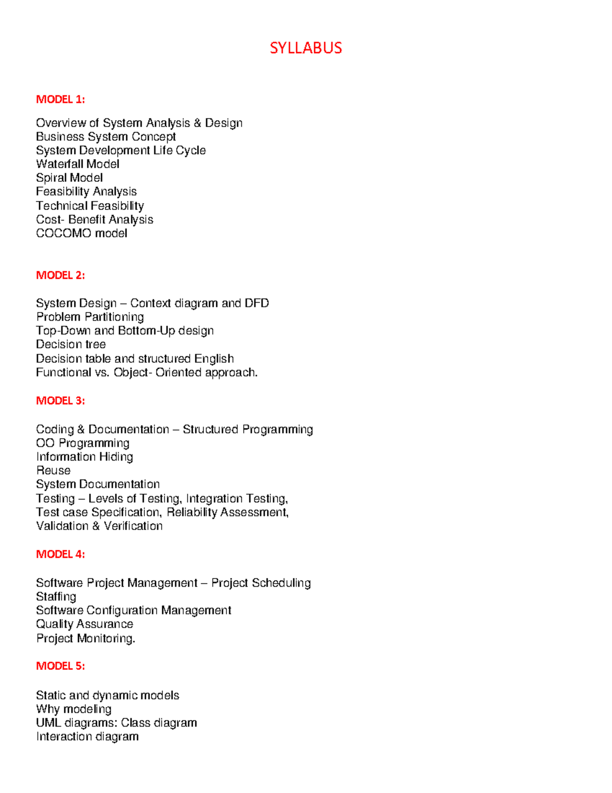 Software Engineering - lectures by great teacher - SYLLABUS MODEL 1 ...