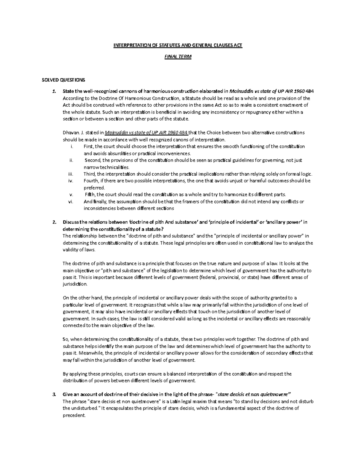 Interpretation OF Statutes AND General Clauses ACT finals