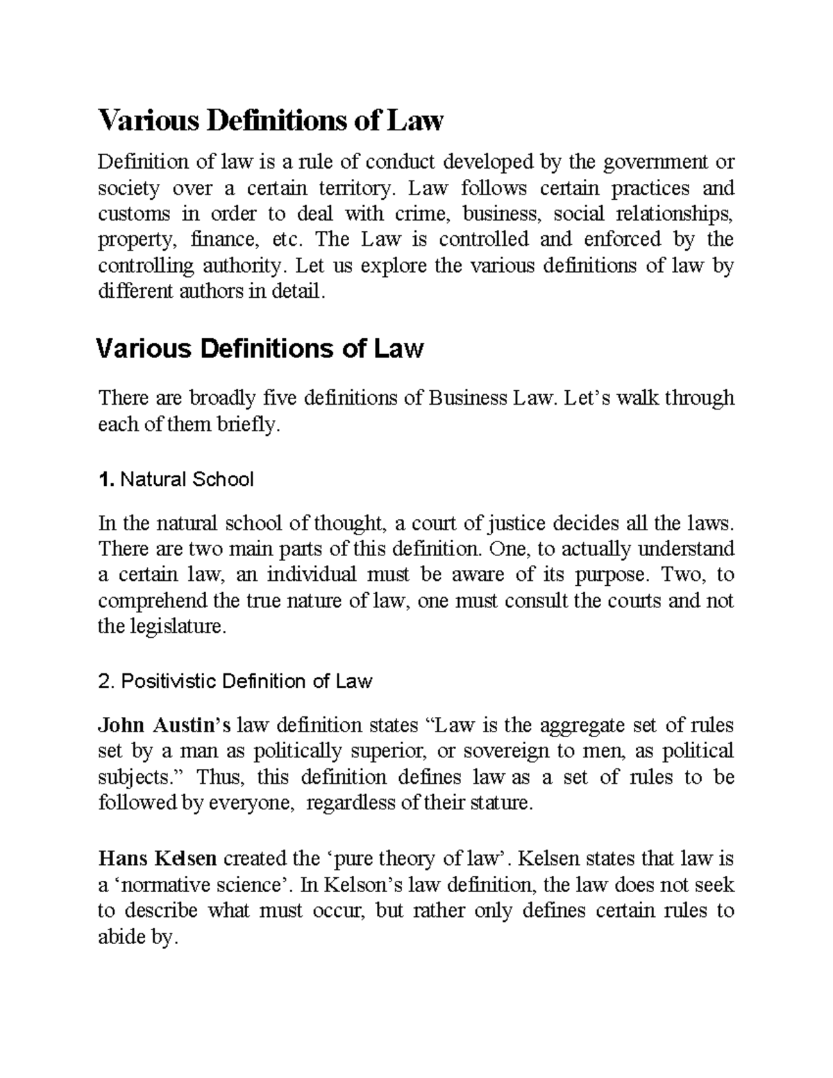 Defination OF LAW - Various Definitions of Law Definition of law is a ...